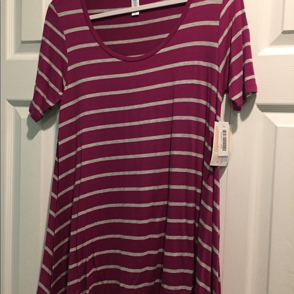 NWT Lularoe Perfect T Raspberry Gray Stripe